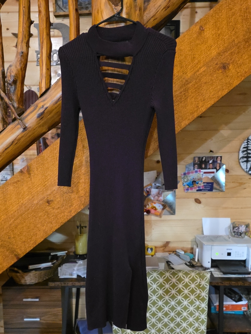 Almost Famous Black Ribbed Long Sleeve Cutout Midi Dress